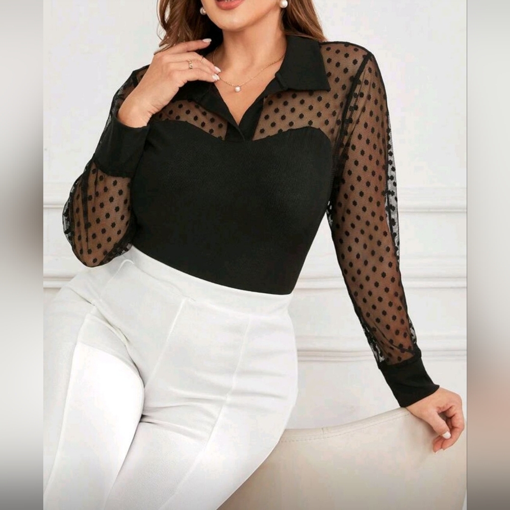 Elegant Black Sheer Polka Dot Women's Plus Size Top